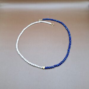 Colier cu Perle și Lapis Lazuli cu inimioară din argint placat cu aur