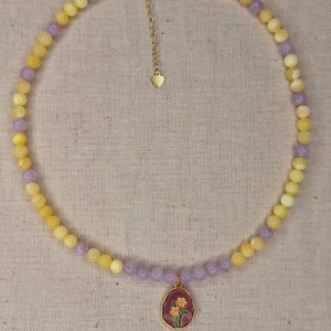 Colier ametist lavanda si calcit galben cu pandantiv floare