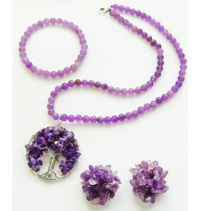 Set bijuterii ametist 6 mm – colier, bratara, cercei clips si pandant Copacul Vietii aromaterapie