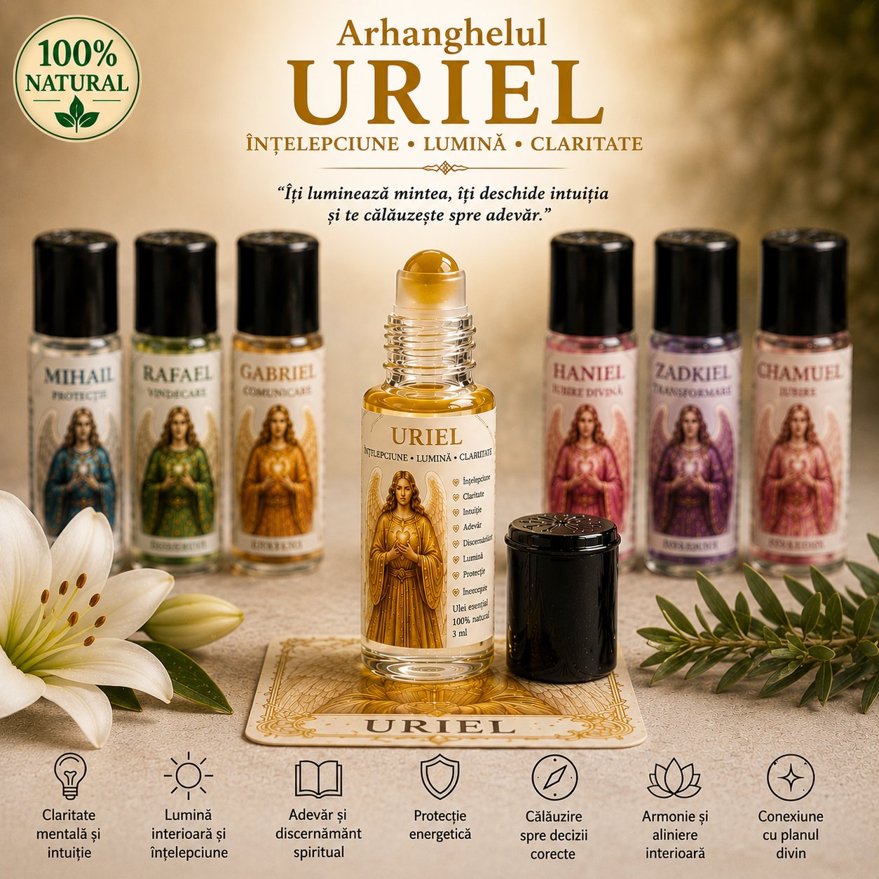 Roll-On Ritual Arhanghelul Uriel Lumină, Inspirație & Încredere | Blend 100% Natural cu Cristal 1 oll-On Ritual Arhanghelul Uriel Lumină