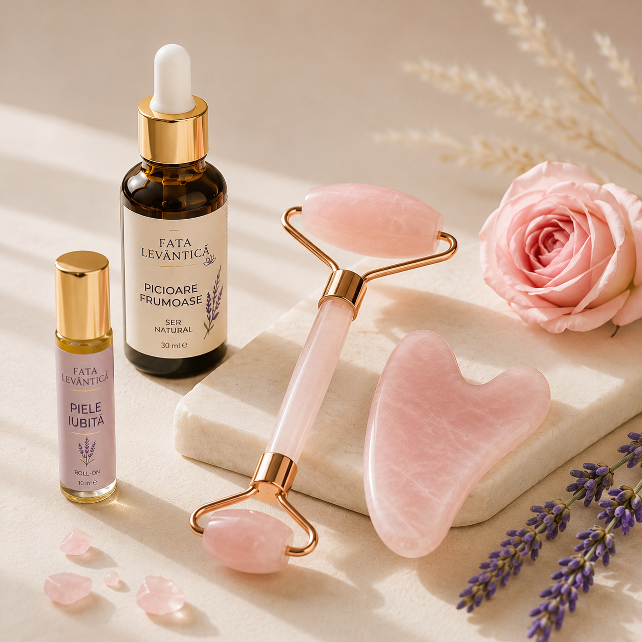 Set Roller si Gua Sha din Cuart Roz - Ritual Facial 1 t Roller si Gua Sha din Cuart Roz - Ritual Facial Natura