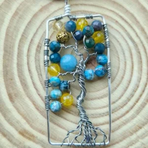 Colier aromaterapie Copacul Vieții din apatit și citrin „Cer de Vară” – handmade