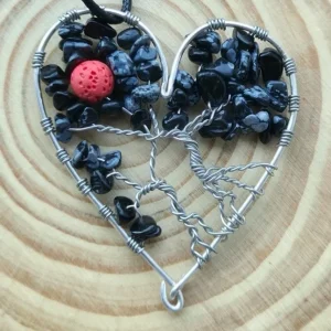 Colier aromaterapie din obsidian, inimă Copacul Vieții „Inima Nopții” – handmade