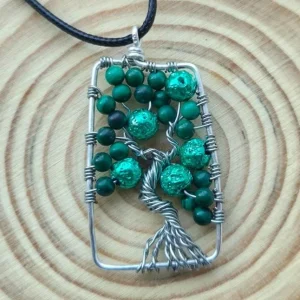 Colier din malachit cu Copacul Vieții „Pădurea Vie” – aromaterapie, handmade