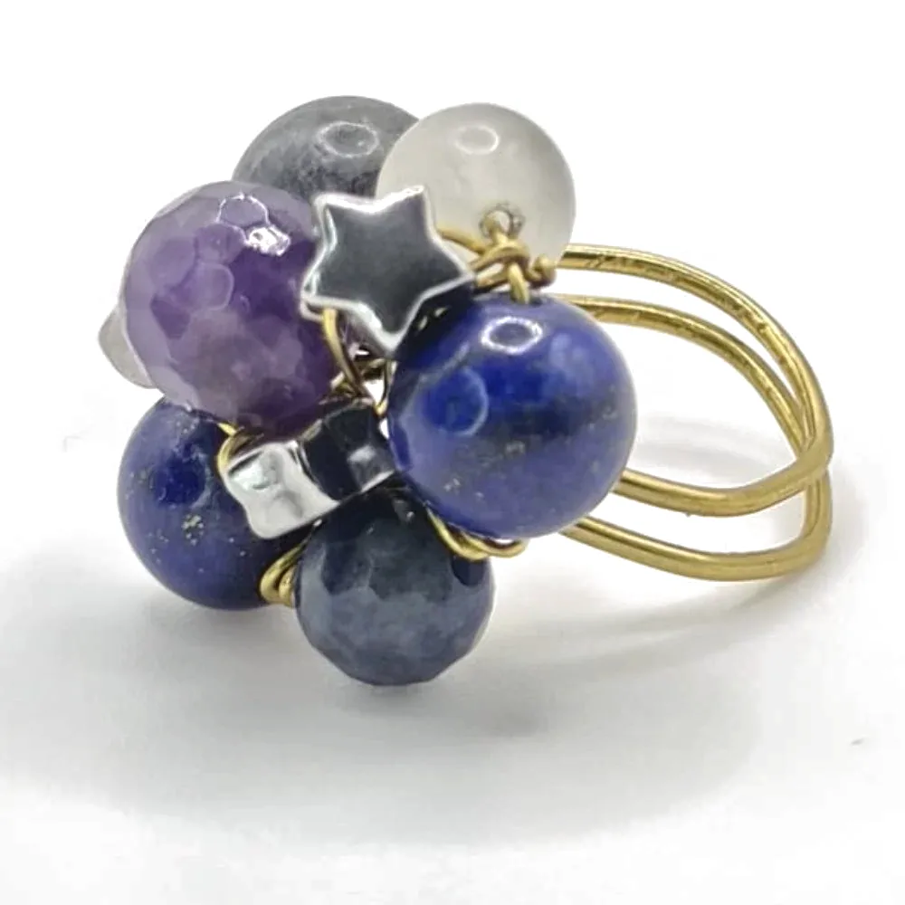 Inel buchet cu lapis lazuli, ametist și cristal de stâncă 2 Inel lapis și ametist – alt unghi